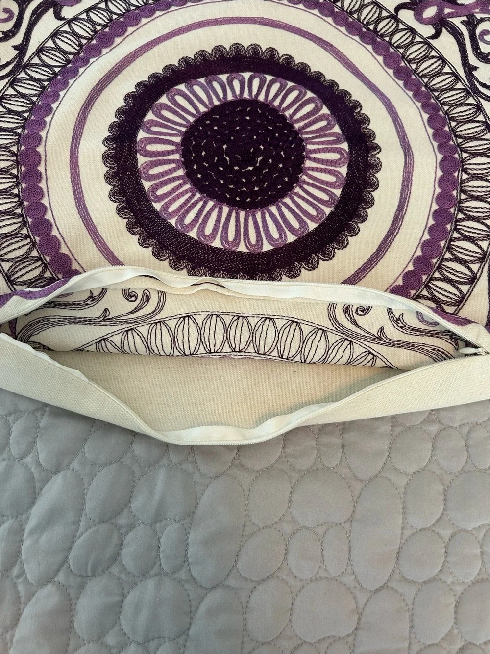 Purple & Off White embroidered Boho Mandala Pillow Sham Cover 17” x 17”